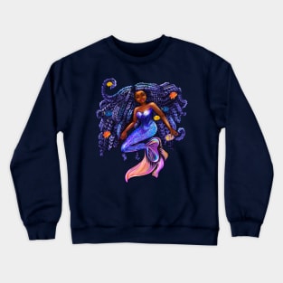 Black mermaid with flowing braids and fish Afro hair and caramel brown skin African American mermaids Crewneck Sweatshirt